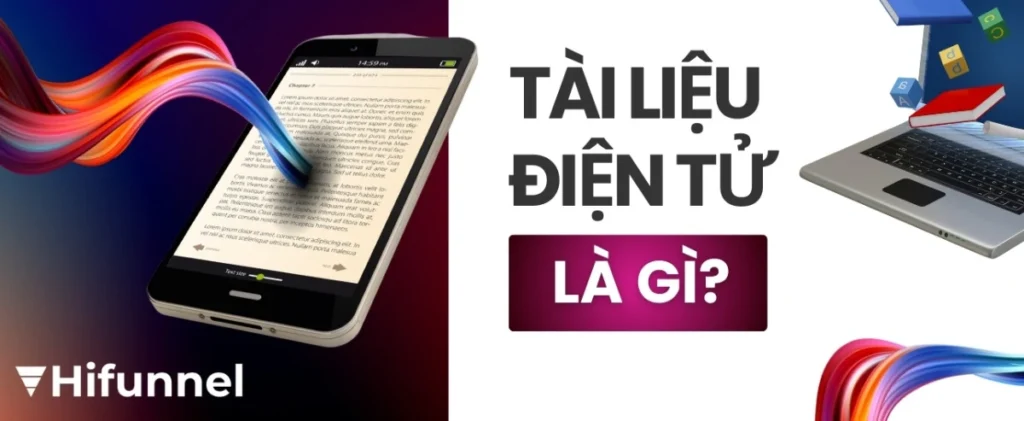 Minh họa về tài liệu điện tử: PDF, e-book, hợp đồng online và lưu trữ đám mây.