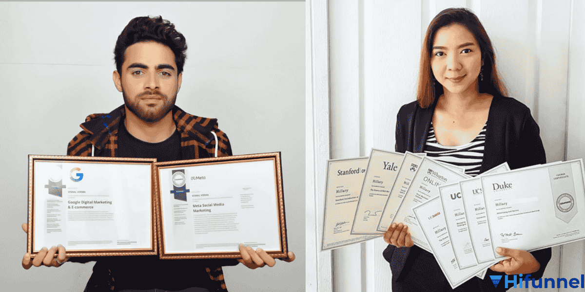 Học viên khoe chứng chỉ Coursera, Google, Meta, Yale, Stanford – minh họa bí quyết học Coursera miễn phí và nhận chứng chỉ quốc tế