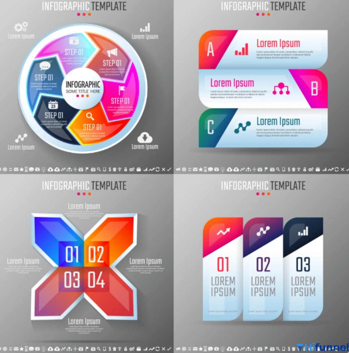 Infographic kết hợp – Hình minh họa sự pha trộn nhiều dạng infographic như thống kê, quy trình và so sánh trong cùng một bố cục thiết kế của Hifunnel
