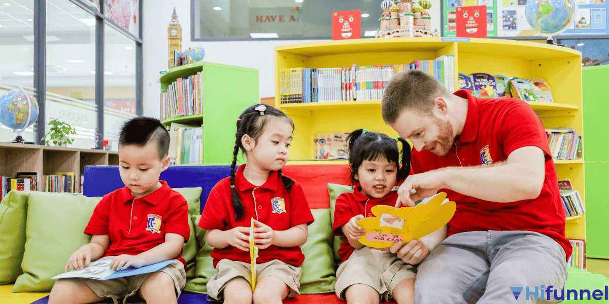 Giáo viên nước ngoài dạy tiếng Anh cho nhóm học sinh tiểu học, minh họa mô hình nhượng quyền giáo dục ngoại ngữ thiếu nhi tại Việt Nam.
