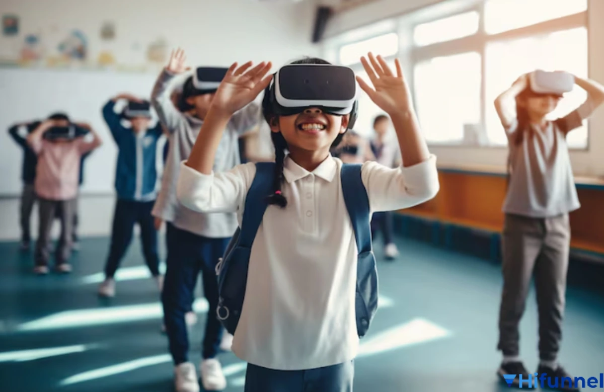 Lớp học ảo metaverse với giáo viên AI và sinh viên trong không gian 3D.