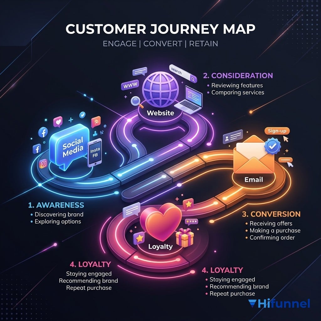Bản đồ hành trình khách hàng customer journey map đa điểm chạm cảm xúc Hifunnel