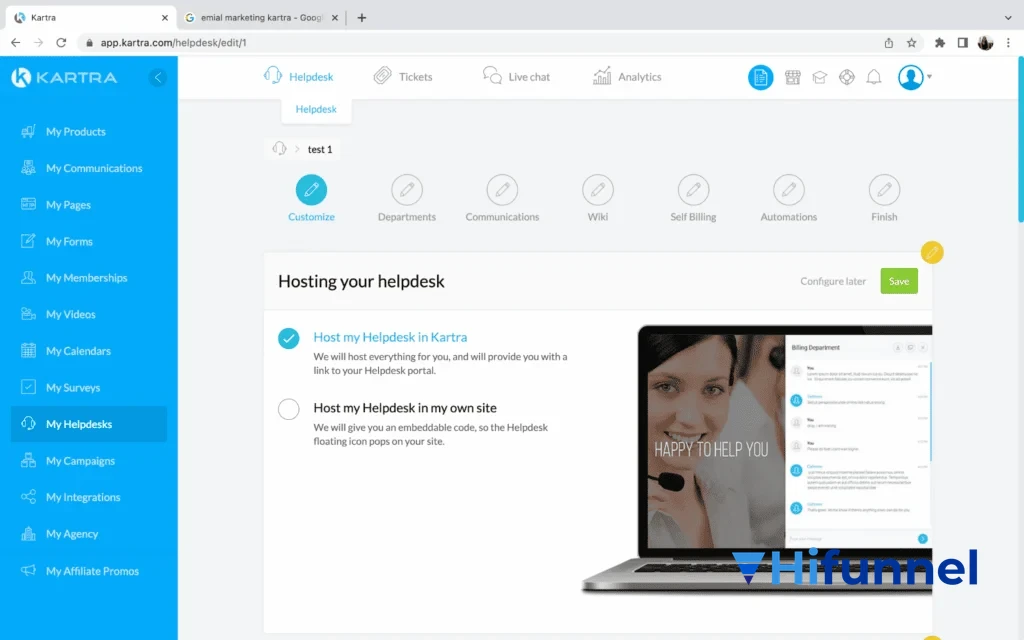 tự động hóa tiếp thị - hệ thống hỗ trợ Helpdesk tích hợp của Kartra